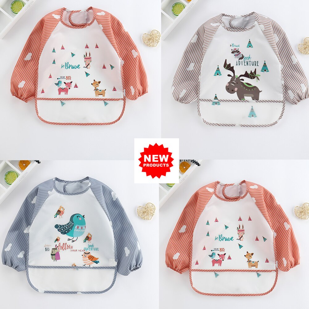 New Baby Kids Toddler Long Sleeve Waterproof Art Smock Feeding Bib Apron Pocket